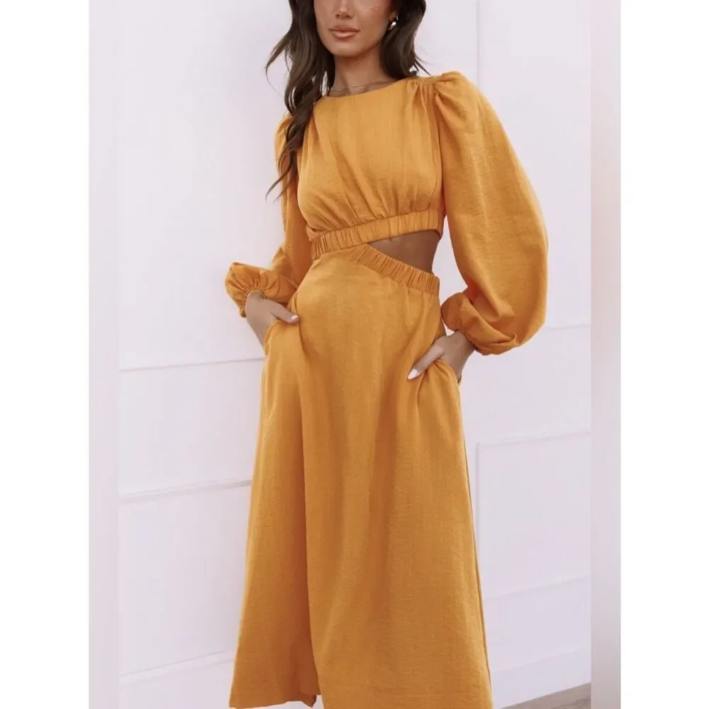 Petal & Pup Ginnee Puff Sleeve Cutout Long Sleeve Midi Dress Size XSmall